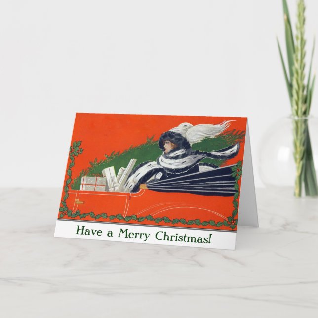Vintage Woman in Car Christmas Card (Front)