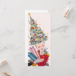Vintage Woman in Christmas Tree Hat Christmas Card