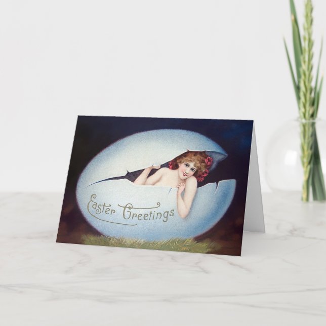 Vintage Woman in Egg Easter Card (Front)