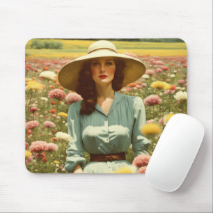 Vintage Woman In Flower Field Mouse Mat