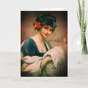 Vintage woman in fur hand muff winter portrait card