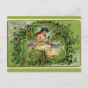 Vintage Woman in Giant Shamrock Postcard