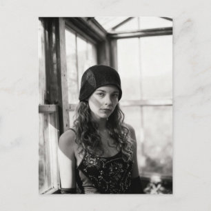 Vintage woman in greenhouse black and white photo  postcard