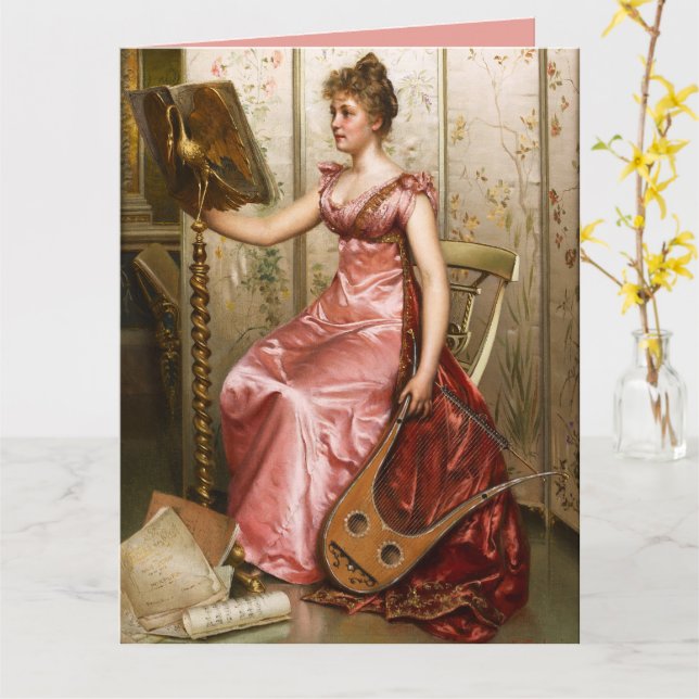 Vintage Woman in Pink Gown Card (Yellow Flower)