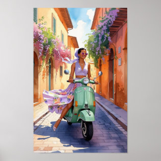 Vintage Woman on Scooter in Rome – Retro Travel Poster