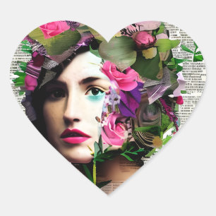 Vintage Woman Paper Collage Art Heart Sticker