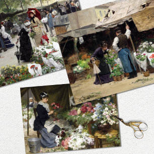 Vintage Woman Paris Flower Market Decoupage Wrapping Paper Sheet