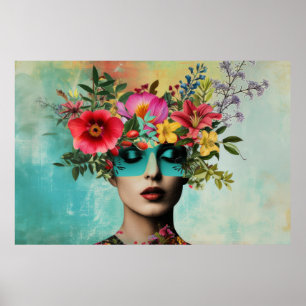Vintage woman portrait with flowers poster