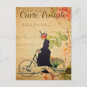 Vintage Woman Riding Bicycle with Dog French Postcard