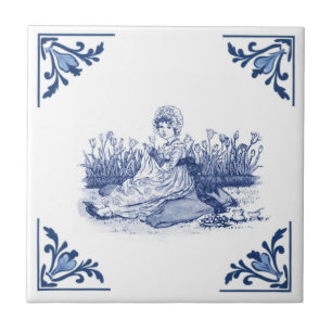 Vintage Woman Sewing Delft Corner Blue and White Tile