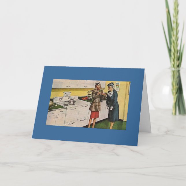 Vintage Woman Shows Casserole to Elder Card (Front)