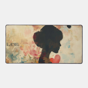 Vintage Woman Silhouette with Hearts Desk Mat