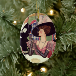 Vintage Woman Smoking Cigarette Drinking Champagne Ceramic Tree Decoration