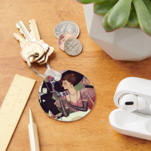 Vintage Woman Smoking Cigarette Drinking Champagne Key Ring
