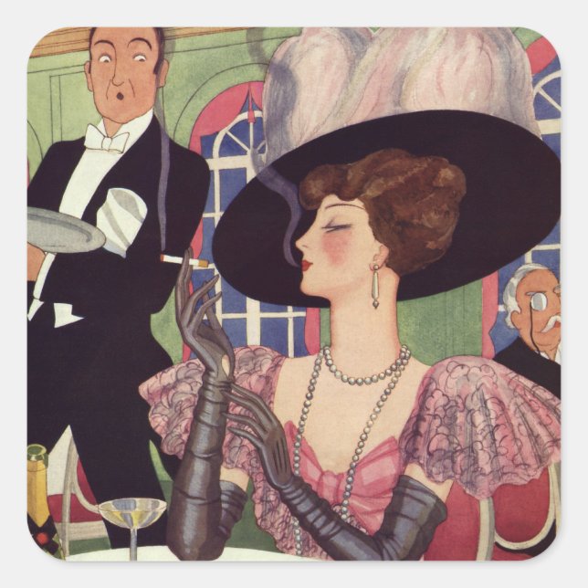 Vintage Woman Smoking Cigarette Drinking Champagne Square Sticker (Front)
