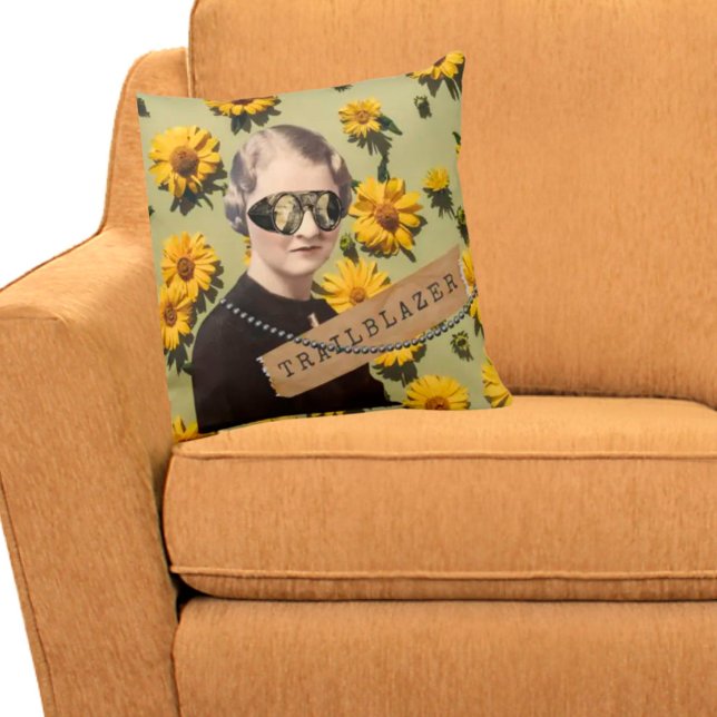 Vintage Woman Trailblazer Daisies Kitsch  Cushion (Creator Uploaded)