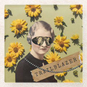 Vintage Woman Trailblazer Daisies Kitsch Glass Coaster