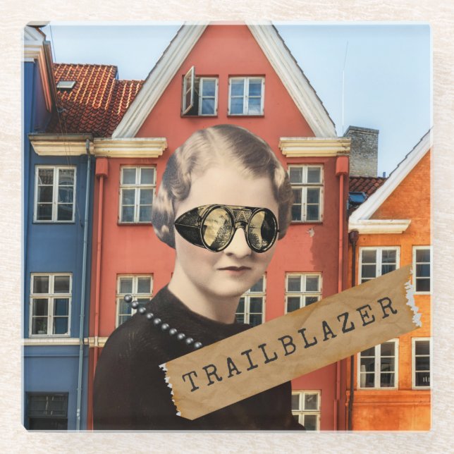 Vintage Woman Trailblazer Kitsch Altered Art  Glass Coaster (Front)