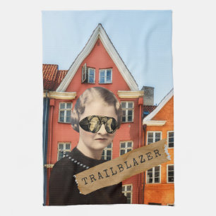Vintage Woman Trailblazer Kitsch Altered Art Tea Towel