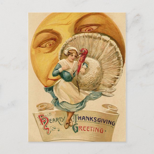 Vintage Woman Turkey and Moon Thanksgiving Postcard (Front)