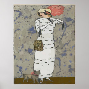 Vintage woman Walking Dog, Poster