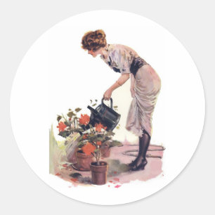 Vintage Woman Watering Can Flowers Classic Round Sticker