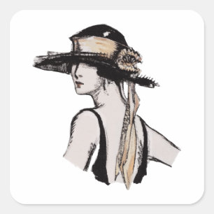 Vintage woman wearing hat square sticker