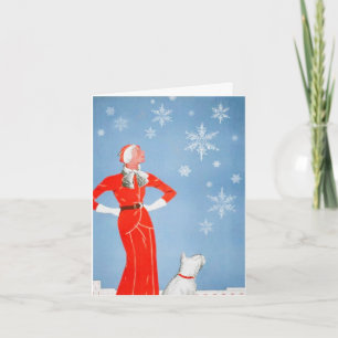 Vintage Woman & Westie Dog Christmas Winter Card