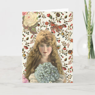 Vintage Woman with Calico Floral Pattern Card