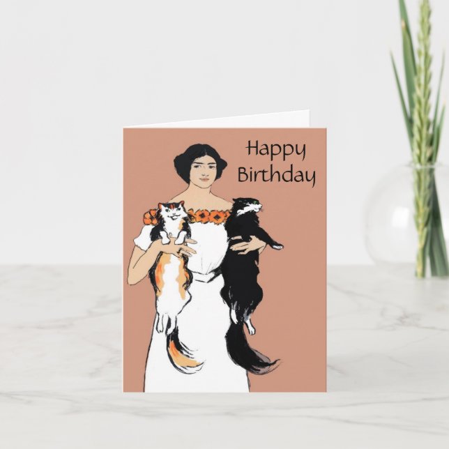 Vintage Woman with Cats Birthday Card (Front)