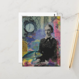 Vintage Woman With Fish Mixed Media Collage Postcard