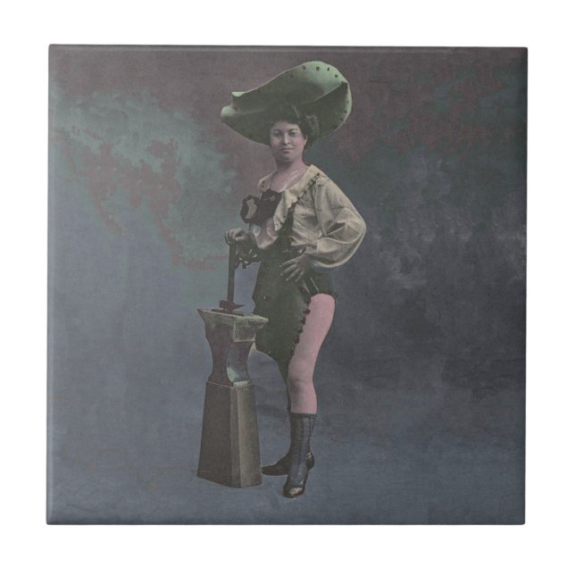 Vintage woman with hammer and anvil tile (Front)