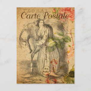 Vintage Woman with her Horse Floral Flowers French Postcard