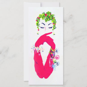 Vintage woman with long pink gloves Christmas card