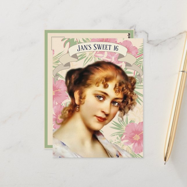 Vintage Woman with Pink Hibiscus Flower Invitation Postcard (Front/Back In Situ)
