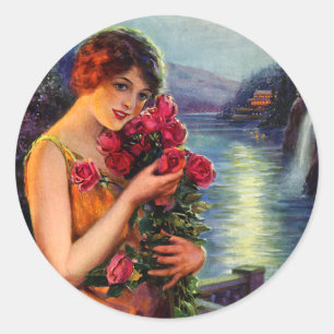 Vintage Woman with Red Roses in Moonlight Classic Round Sticker