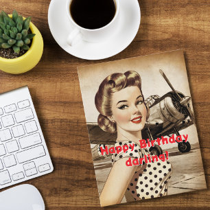 Vintage Woman & WW2 Aeroplane, Elegant Birthda Postcard