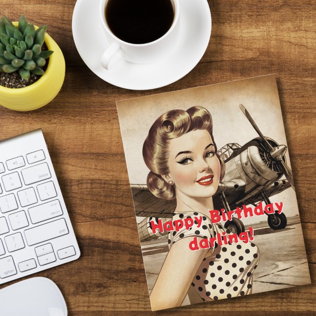Vintage Woman & WW2 Aeroplane, Elegant Birthda Postcard (Creator Uploaded)