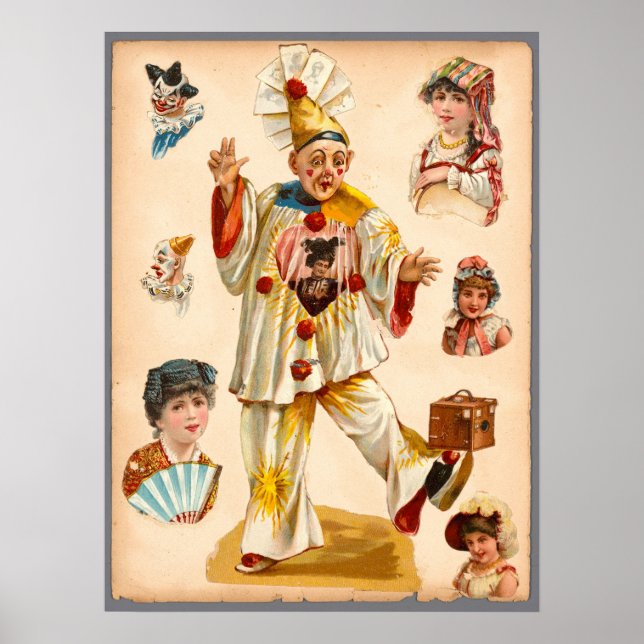 Vintage Women & Circus Clowns Ephemera Collage Poster (Front)
