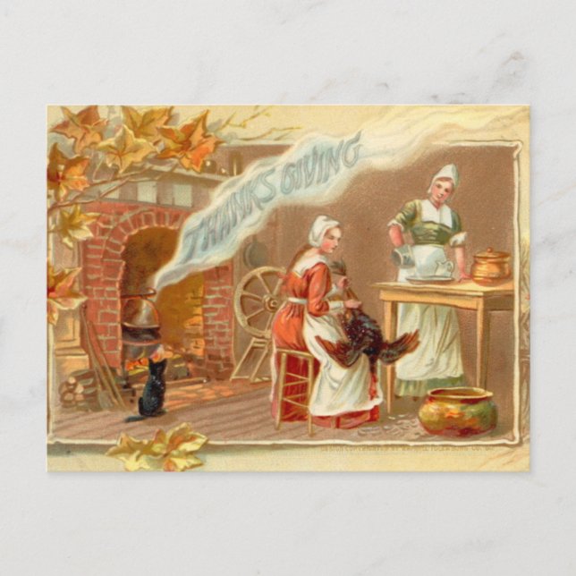 Vintage Women Cooking Turkey Thanksgiving Postcard (Front)
