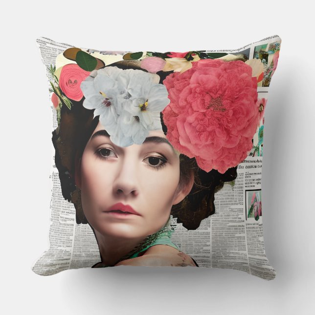 Vintage Women Floral Paper Collage Art Cushion (Front)