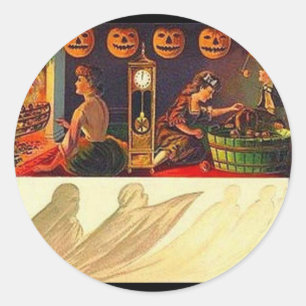 Vintage Women, Ghost and Jack o' Lanterns Classic Round Sticker