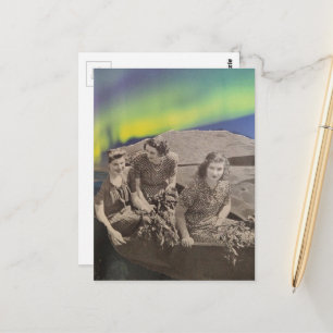 Vintage Women in a Boat Northern Lights Collage Postcard