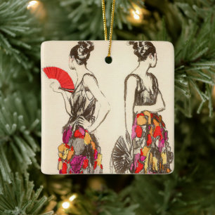 Vintage Women of Fashion with Spring Dresses Ceramic Ornament