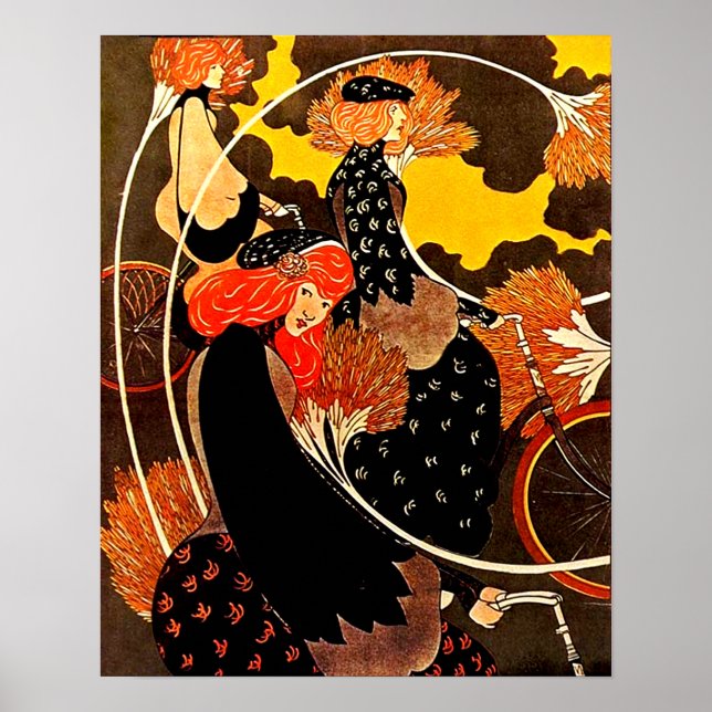 Vintage Women Riding Bicyles in Autumn Poster (Front)