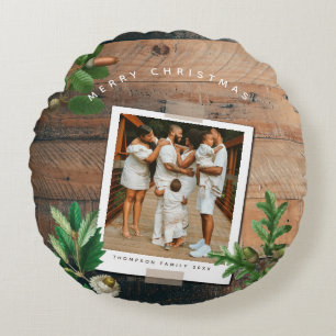 Vintage Wood Acorn Christmas Holiday Photo Round Cushion
