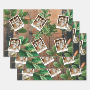Vintage Wood Acorn Christmas Holiday Photo  Wrapping Paper Sheet