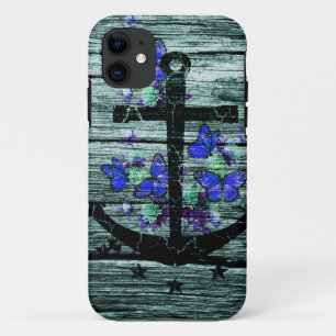 Vintage Wood & Black Anchor With Blue Butterflies iPhone 11 Case