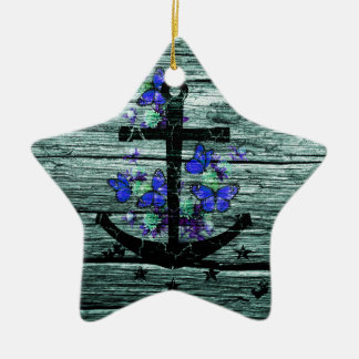Vintage Wood & Black Anchor With Blue Butterflies Ceramic Tree Decoration