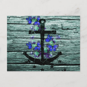 Vintage Wood & Black Anchor With Blue Butterflies Postcard